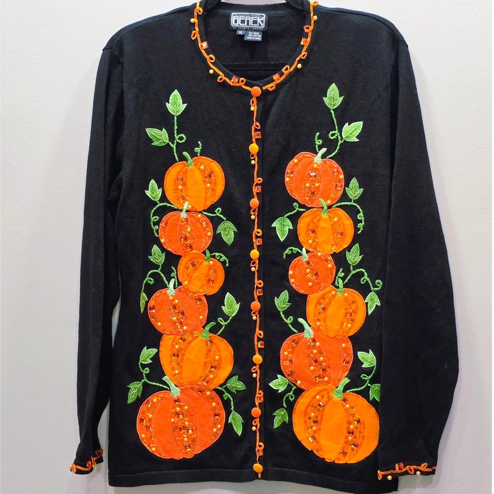 Berek Halloween Pumpkin Cardigan Beaded Sequin Black Orange XL Vintage Fall Rare